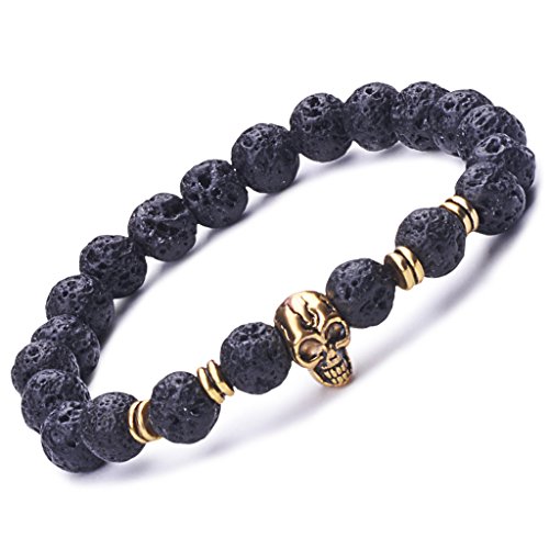 Unendlich U Damen Herren Buddha Armband, Schädel Totenkopf Legierung Armreif, Lavastein Kugeln Perlen Gebet Mala Stretch Energiearmband von Unendlich U