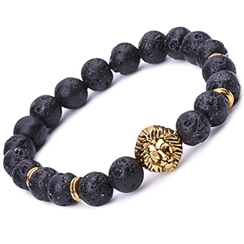 Unendlich U Damen Herren Buddha Armband Armreif, Löwe-Kopf Legierung Stretcharmband, Lavastein Kugeln Perlen Gebet Mala Energiearmband von Unendlich U