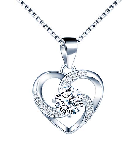 Unendlich U Damen Kette Herz Halskette 925 Sterling Silber Anhänger ''Liebe ist Das Glück'' Schmuck Zirkonia 45CM Kettenlänge Geschenk für Muttertag von Unendlich U