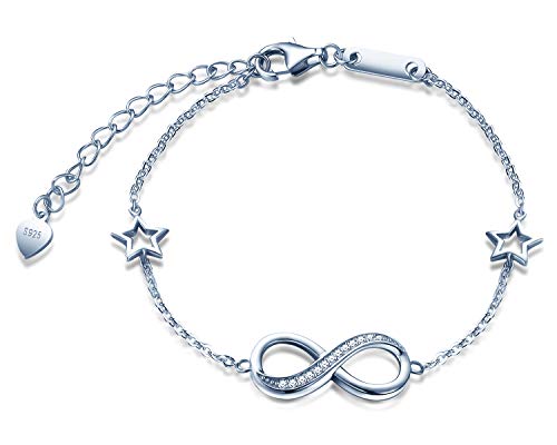 Unendlich U Damen Mädchen Armband Infinity Unendlichkeit Symbol 925 Sterling Silber mit Zwei Sternen Armkette Verstellbar Charm Armband von Unendlich U