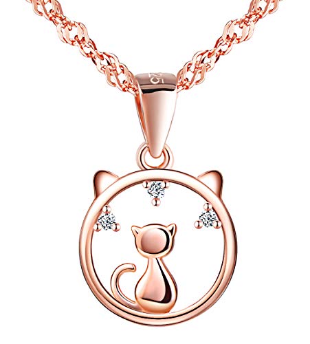 Unendlich U Damen Mädchen Halskette 925 Sterling Silber Süße Katze Anhänger Kettenanhänger Kette mit Anhänger Schmuck Geschenk für Weihnachten,Rosegold von Unendlich U