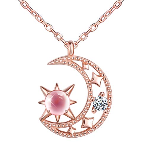 Unendlich U Damen kette Halskette 925 Sterling Silber Zirkonia Rosa Sterne Hängen am Mond Anhänger Allergenfrei Verstellbare Kette,Rosegold von Unendlich U