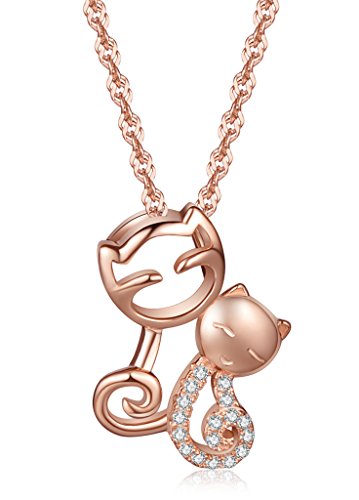Unendlich U Elegant Doppel Katzen Kätzchen Damen Halskette 925 Sterling Silber Zirkonia Anhänger Kettenanhänger, Rosegold von Unendlich U
