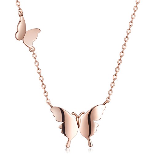 Unendlich U Elegant Doppel Schmetterlinge Damen Halskette 925 Sterling Silber Anhänger Collier Verstellbare Kette, Rosegold von Unendlich U