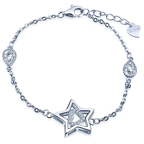 Unendlich U Elegant Stern Herz Tropfen Mädchen Charm-Armband 925 Sterling Silber Zirkonia Armkette Verstellbar Armkettchen, Silber von Unendlich U