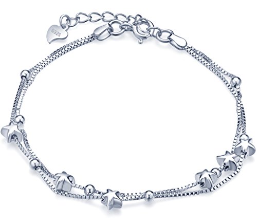 Unendlich U Elegant Sterne Beads Damen Charm-Armband 925 Sterling Silber Doppel Armkette Verstellbar Armkettchen, Silber von Unendlich U