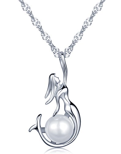 Unendlich U Fahion Meerjungfrau Wassernixe Seejungfrau Damen Halskette 925 Sterling Silber Perle Anhänger Kette mit Anhänger, Silber von Unendlich U