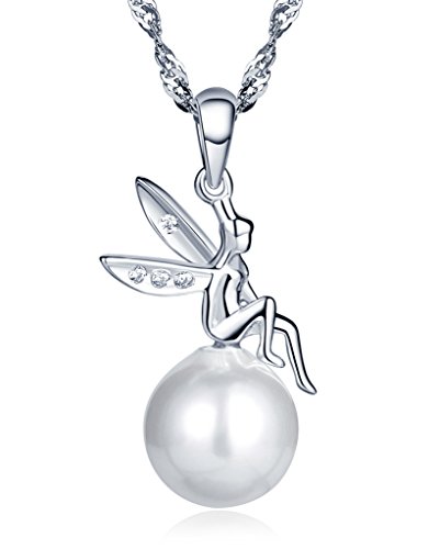 Unendlich U Fashion 925 Sterling Silber Damen Halskette Kleiner Engel 10mm Perle Anhänger Perlenkette von Unendlich U