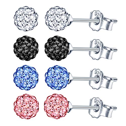 Unendlich U Fashion 925 Sterling Silber Ohrringe Earrings 6mm Österreichischer Kristallkugeln Ohrstecker Kristall Disco Shamballa Kugel Ohrringe für Damen/Mädchen,4 Paar von Unendlich U