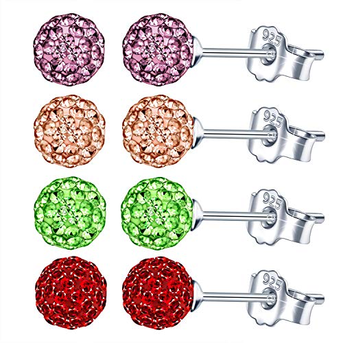 Unendlich U Fashion 925 Sterling Silber Ohrringe Earrings 8mm Österreichischer Kristallkugeln Ohrstecker Kristall Disco Shamballa Kugel Ohrringe für Damen/Mädchen,4 Paar von Unendlich U