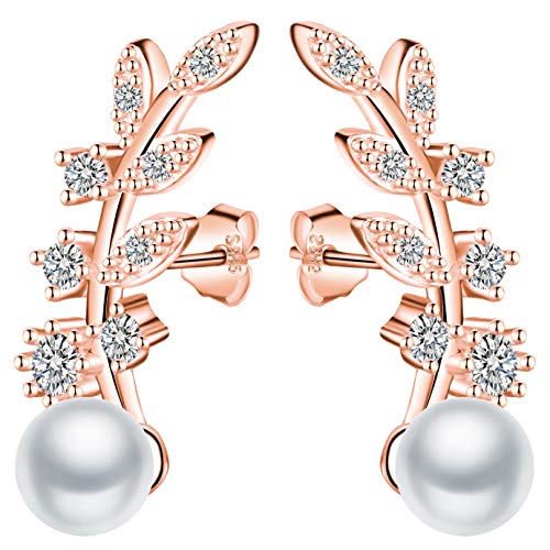 Unendlich U Fashion Blätter Damen Ohrstecker 925 Sterling Silber 5mm Perlen Zirkonia Ohrringe Pearls Earrings Rosegold von Unendlich U