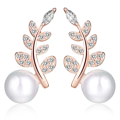 Unendlich U Fashion Blätter Damen Ohrstecker 925 Sterling Silber Zirkonia 6mm Perle Stecker Ohrringe Pearl Earrings, Rose Gold von Unendlich U