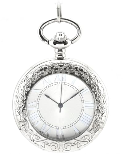 Unendlich U Fashion Retro Handaufzug Mechanische Taschenuhr Lupe Hohle Skelett Kettenuhr Pullover Halskette Weißes Zifferblatt Silber von Infinite U