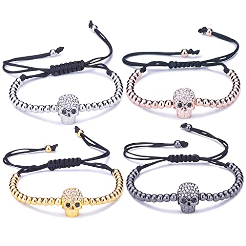 Unendlich U Fashion Schädel Totenkopf Damen Kinder Armband Geflochten Baumwollseil Legierung Zirkonia Kugeln Beads Verstellbar Armreifen, 4 Farbenoptionen(4 Stücke) von Infinite U