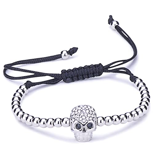 Unendlich U Fashion Schädel Totenkopf Damen Kinder Armband Geflochten Baumwollseil Legierung Zirkonia Kugeln Beads Verstellbar Armreifen, Silber von Unendlich U