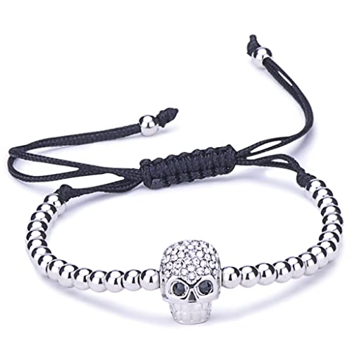 Unendlich U Fashion Schädel Totenkopf Damen Kinder Armband Geflochten Baumwollseil Legierung Zirkonia Kugeln Beads Verstellbar Armreifen, Silber von Infinite U
