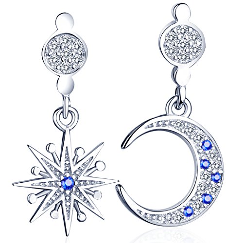 Unendlich U Glänzend Stern Mond Damen Ohrhänger 925 Sterling Silber Zirkonia Ohrringe Ohrstecker Ohrschmuck, Silber+Blau von Unendlich U