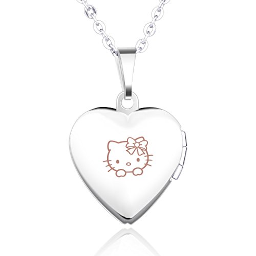 Unendlich U Hello Kitty Muster Eingraviert Öffenbares Herz Foto Medaillon Edelstahl Blau Damen Mädchen Frauen Anhänger Halskette von Unendlich U