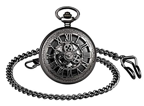 Unendlich U Herren Unisex Retro Taschenuhr mit Halskette Römische Ziffern Steampunk Skelett Taschenuhren Mechanische Handaufzug Kettenuhr Geschenk für Geburtstag Jahrestag Tag Weihnachten Vatertag von Unendlich U