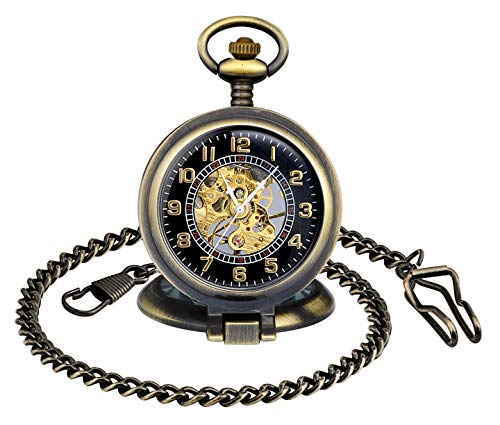 Unendlich U Herren Unisex Taschenuhr Klassische Digital Dial Retro Handaufzug Mechanische Taschenuhren Skelett Kettenuhr mit kurzer Kette Pullover Halskette Geschenkbox für Weihnachten Vatertag von Unendlich U