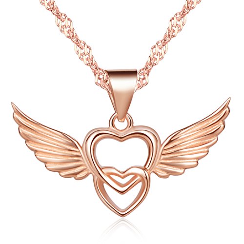 Unendlich U Klassisch Damen Halskette Doppel Herzen Engelsflügel Anhänger Rosegold 925 Sterling Silber Kettenanhänger von Unendlich U