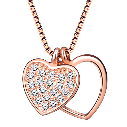 Unendlich U Klassisch Doppel Herzen Mädchen Halskette 925 Sterling Silber Zirkonia Anhänger Kette mit Anhänger, Rosegold von Unendlich U