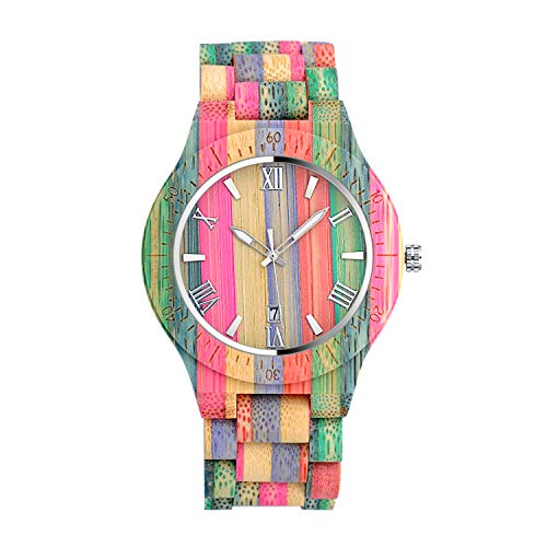 Unendlich U Regenbogen Holz Uhren Natürliche Hölzerne Uhren Für Damen Herren Casual Holzuhr Analog Kalender Quarzwerk Armbanduhr Buntenuhr mit Mischfarbe Bamboo Armband von Unendlich U