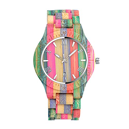 Unendlich U Regenbogen Holz Uhren Natürliche Hölzerne Uhren Für Damen Herren Casual Holzuhr Analog Kalender Quarzwerk Armbanduhr Buntenuhr mit Mischfarbe Bamboo Armband von Unendlich U