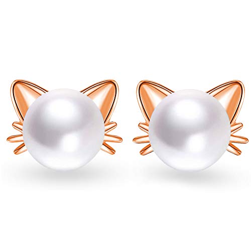 Unendlich U Ohrringe 925 Sterlingsilber-Katze Ohrstecker mit Perle 7.5mm Süßwasser-Zuchtperlen Katze Ohrringe für Damen Mädchen zum Muttertag von Unendlich U