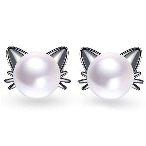 Unendlich U Ohrringe 925 Sterlingsilber-Katze Ohrstecker mit Perle 7.5mm Süßwasser-Zuchtperlen Katze Ohrringe für Damen Mädchen zum Muttertag von Unendlich U
