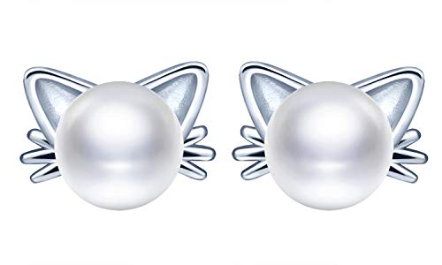 Unendlich U Ohrringe 925 Sterlingsilber-Katze Ohrstecker mit Perle 7.5mm Süßwasser-Zuchtperlen Katze Ohrringe für Damen Mädchen zum Muttertag von Unendlich U