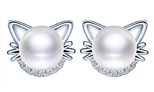 Unendlich U Ohrstecker 925 Sterling Silber Katze Perlen Ohrringe Perlenohrringe mit Zirkonia 6.5mm Süßwasser Zuchtperlen Geschenk zum Muttertag von Unendlich U