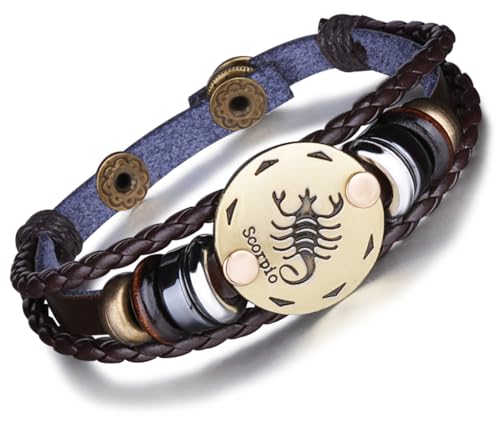 Unendlich U Punk Modisch 12 Sternbilder Sternzeichen Herren Damen Charm Armband Geflochten Leder Legierung Multilayer Braun Armreifen, Skorpion(Scorpio) von Infinite U
