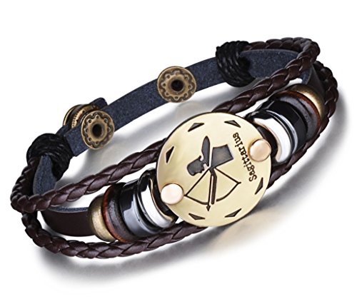 Unendlich U Punk Modisch 12 Sternbilder Sternzeichen Herren Damen Charm Armband Geflochten Leder Legierung Multilayer Braun Armreifen, Schütze(Sagittarius) von Unendlich U