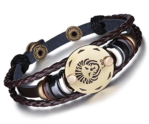 Unendlich U Punk Modisch 12 Sternbilder Sternzeichen Herren Damen Charm Armband Geflochten Leder Legierung Multilayer Braun Armreifen, Löwe(Leo) von Unendlich U