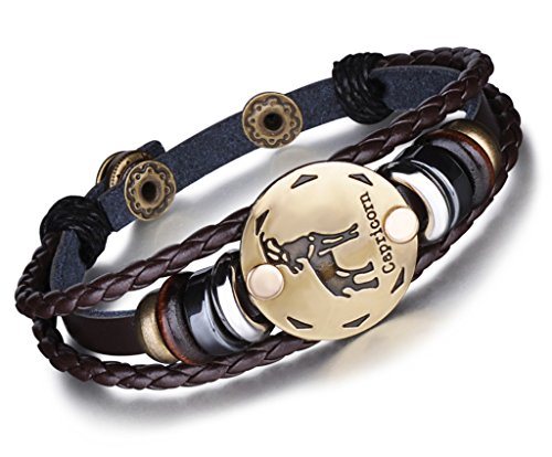 Unendlich U Punk Modisch 12 Sternbilder Sternzeichen Herren Damen Charm Armband Geflochten Leder Legierung Multilayer Braun Armreifen, Steinbock(Capricorn) von Unendlich U