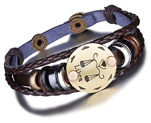 Unendlich U Punk Modisch 12 Sternbilder Sternzeichen Herren Damen Charm Armband Geflochten Leder Legierung Multilayer Braun Armreifen, Waage(Libra) von Unendlich U