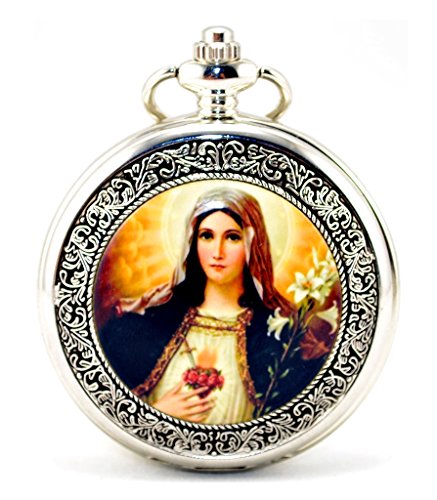 Unendlich U Retro Blessed Virgin Mary Silver Hohle Skeleton Mechanische Taschenuhr mit Pendant-Kette für Damen/Herren von Infinite U