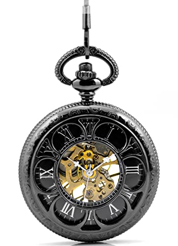 Unendlich U Vintage Retro Handaufzug Mechanische Taschenuhr 6 Blütenblätter Hohle Skelett Kettenuhr Pullover Halskette Schwarz von Infinite U