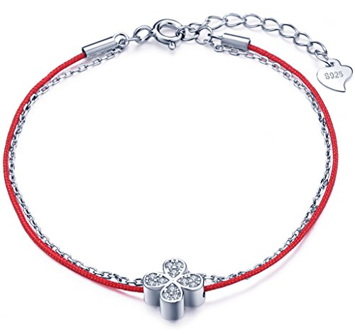 Unendlich U Vierblättriges Kleeblatt Damen Charm-Armband 925 Sterling Silber Zirkonia Armkette Rote Strangkette Verstellbar Armkettchen, Silber von Unendlich U