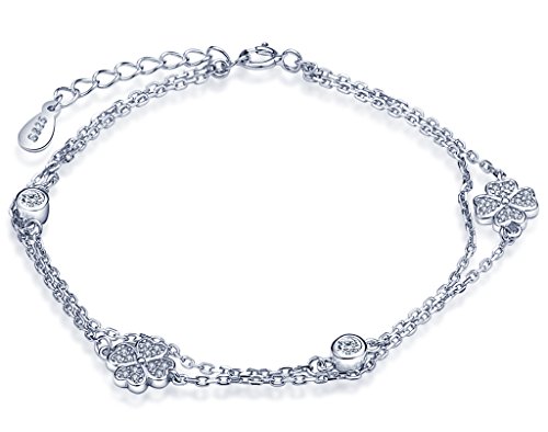 Unendlich U Vierblättriges Kleeblatt Damen Charm-Armband 925 Sterling Silber Zirkonia Armkette Strangarmband Verstellbar Armkettchen Armreif, Silber von Unendlich U