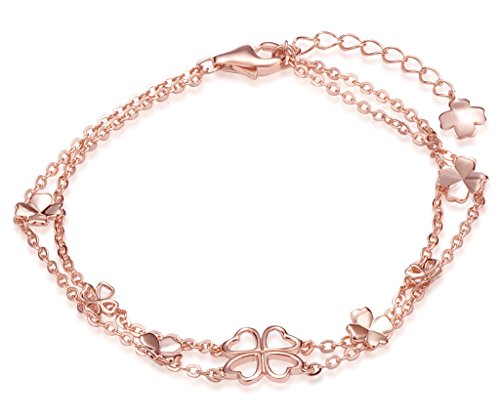 Unendlich U Vierblättriges Kleeblatt Damen Strangarmband 925 Sterling Silber Charm-Armband Armkette Verstellbar Armkettchen Armreif, Rosegold von Unendlich U