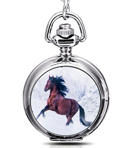 Unendlich U schön weiß Pferd Anhänger mit Spiegel innen Quarz Taschenuhr Halskette mit Lange Kette für Damen/Herren/Mädchen/Junge/Kinder von Unendlich U