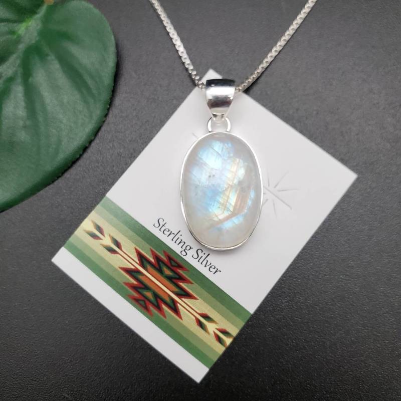 Ankerkette #a157 | Großer Regenbogen Mondstein Anhänger Mit Silber Kette Halskette Sterling Heilstein von UnforgetSilver