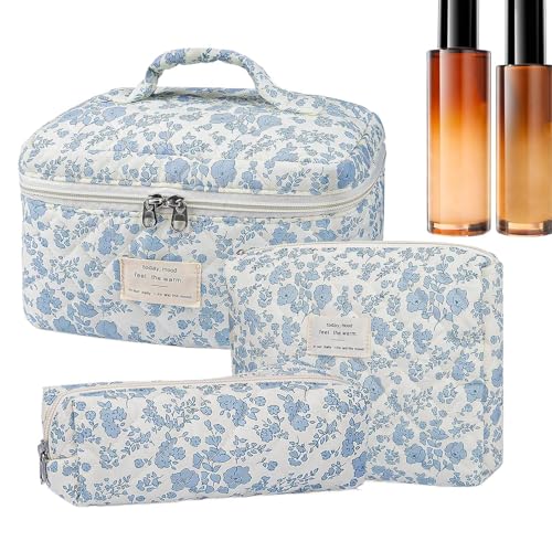 Cotton Quilted Cosmetic Makeup Bag Set, 3X Flower Design Toiletry Organizer for Women and Girls, Floral Travel Bag for Makeup and Accessories, Stylish and Lightweight Pouch for Daily von Ungtyb