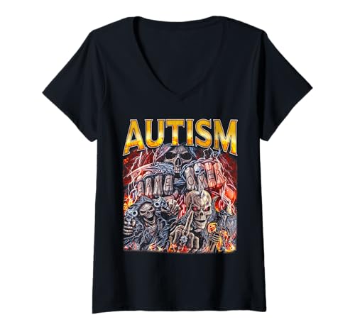 Damen Autism - Edgy Skeleton Bootleg Hard Skeleton Meme T-Shirt mit V-Ausschnitt Damen Autism - Edgy Skeleton Bootleg Hard Skeleton Meme T-Shirt mit V-Ausschnitt von Unhinged CringeCore Collective