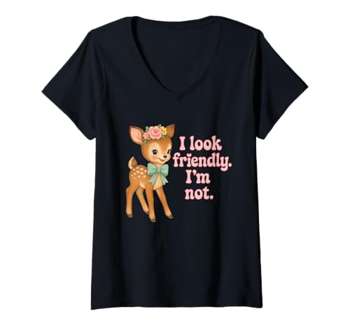 Damen I Look Friendly I'm Not Retro Cute Deer T-Shirt mit V-Ausschnitt Damen I Look Friendly I'm Not Retro Cute Deer T-Shirt mit V-Ausschnitt von Unhinged Vintage Humor Apparel