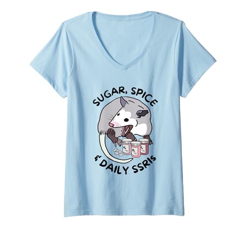 Damen Lustiges Opossum für psychische Gesundheit von Sugar Spice and Daily SSRIs T-Shirt mit V-Ausschnitt von UnhingedHellions