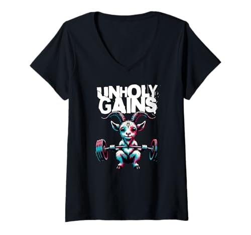 Damen Unholy Gains Satanisches Training Teufelsanbetung Ziege Baphomet Fitnessstudio T-Shirt mit V-Ausschnitt von Unholy Gym Apparel