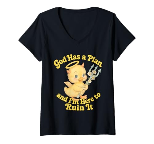Damen God Has a Plan Süßes Chaotisches Entlein Design T-Shirt mit V-Ausschnitt Damen God Has a Plan Süßes Chaotisches Entlein Design T-Shirt mit V-Ausschnitt von Unholy Wholesome Club